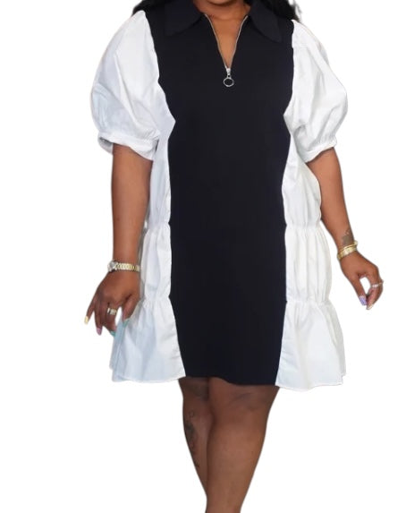 Black and White Color Block Dress - Plus