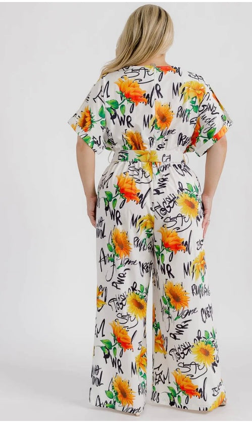 White Floral Graphic Print Plus Jumpsuit
