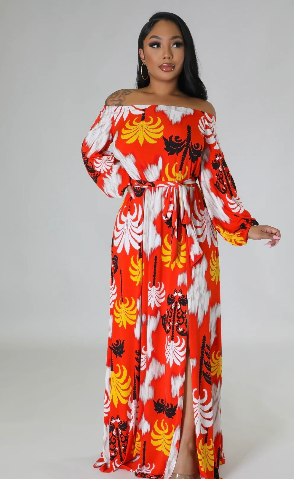 Orange & White Off Shoulder Maxi - Regular & Plus