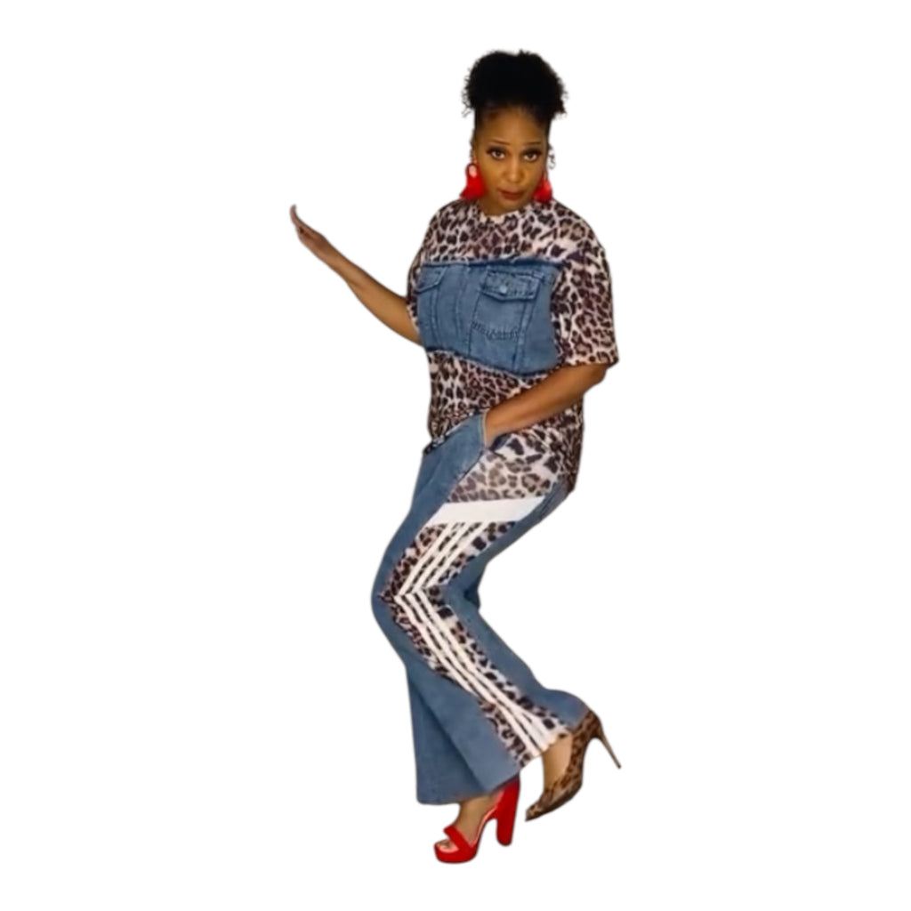 Denim Leopard Pants Set
