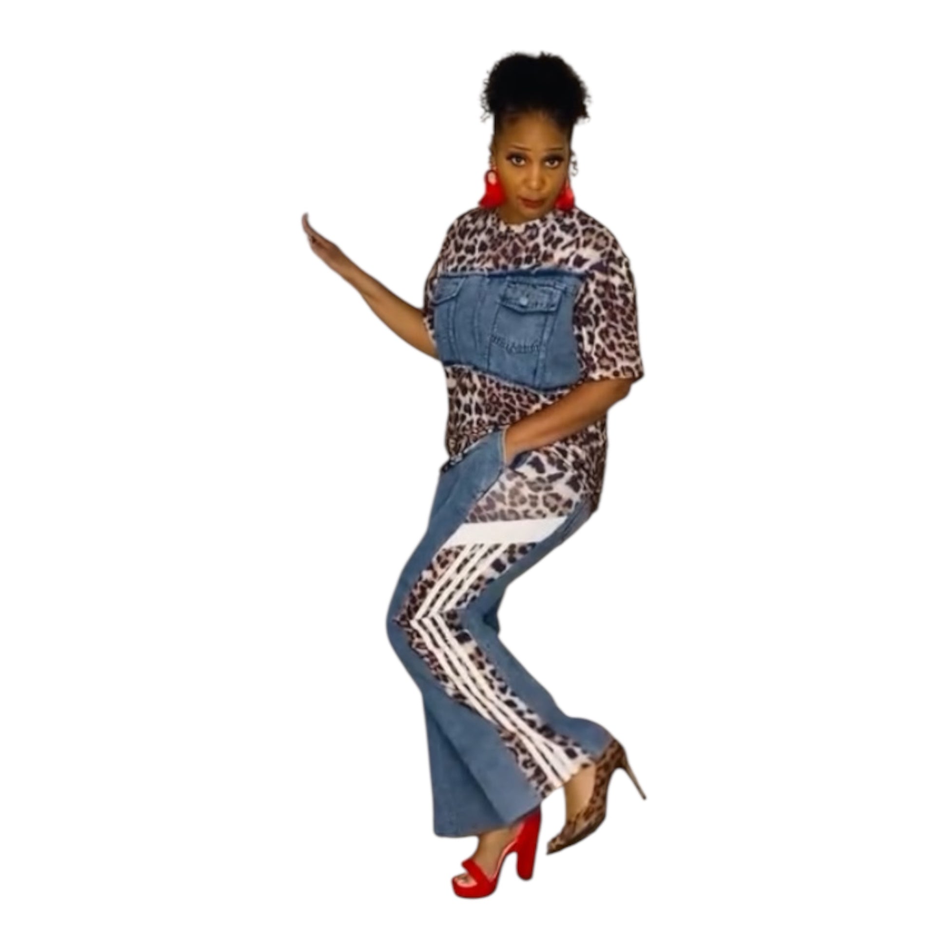 Denim Leopard Pants Set