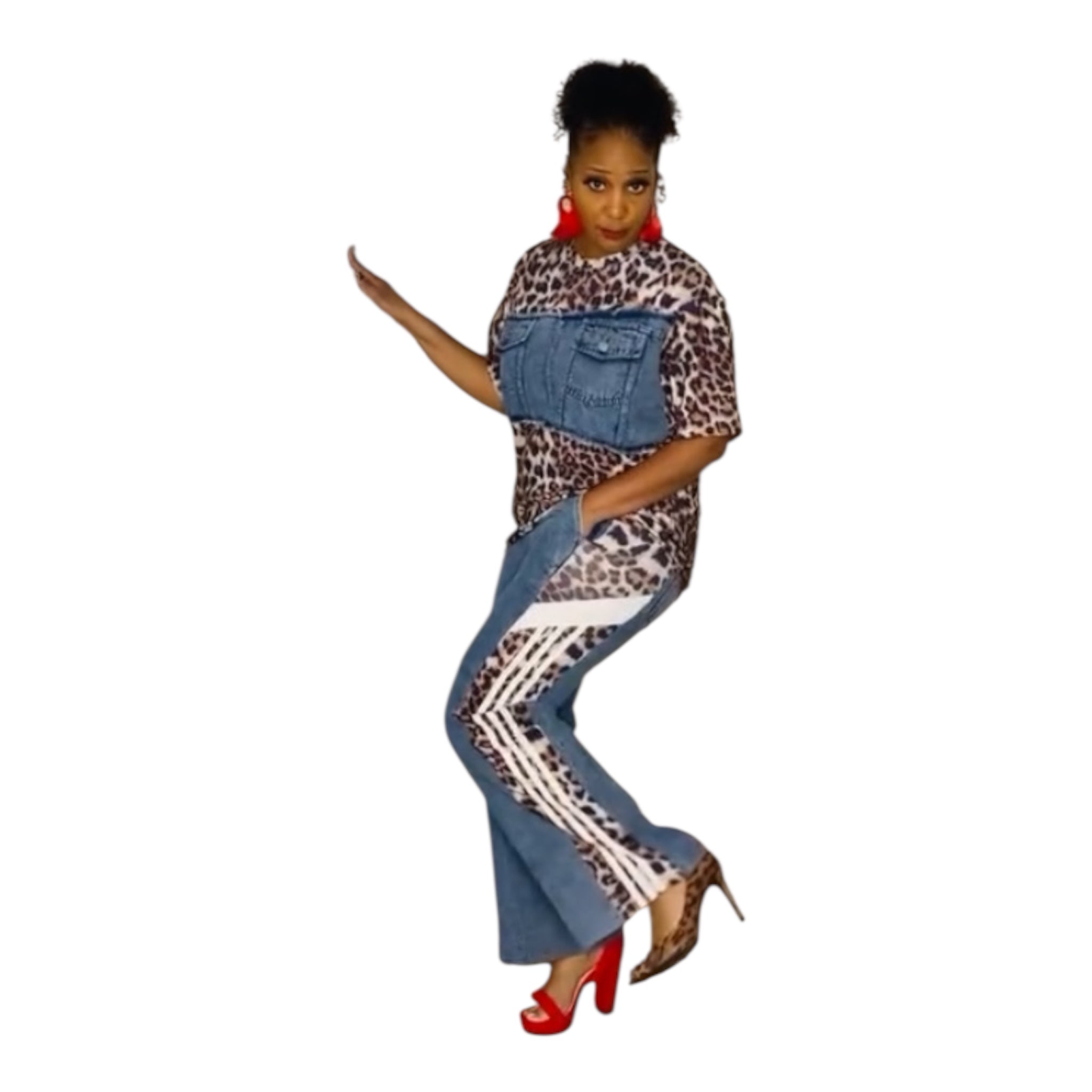 Denim Leopard Pants Set