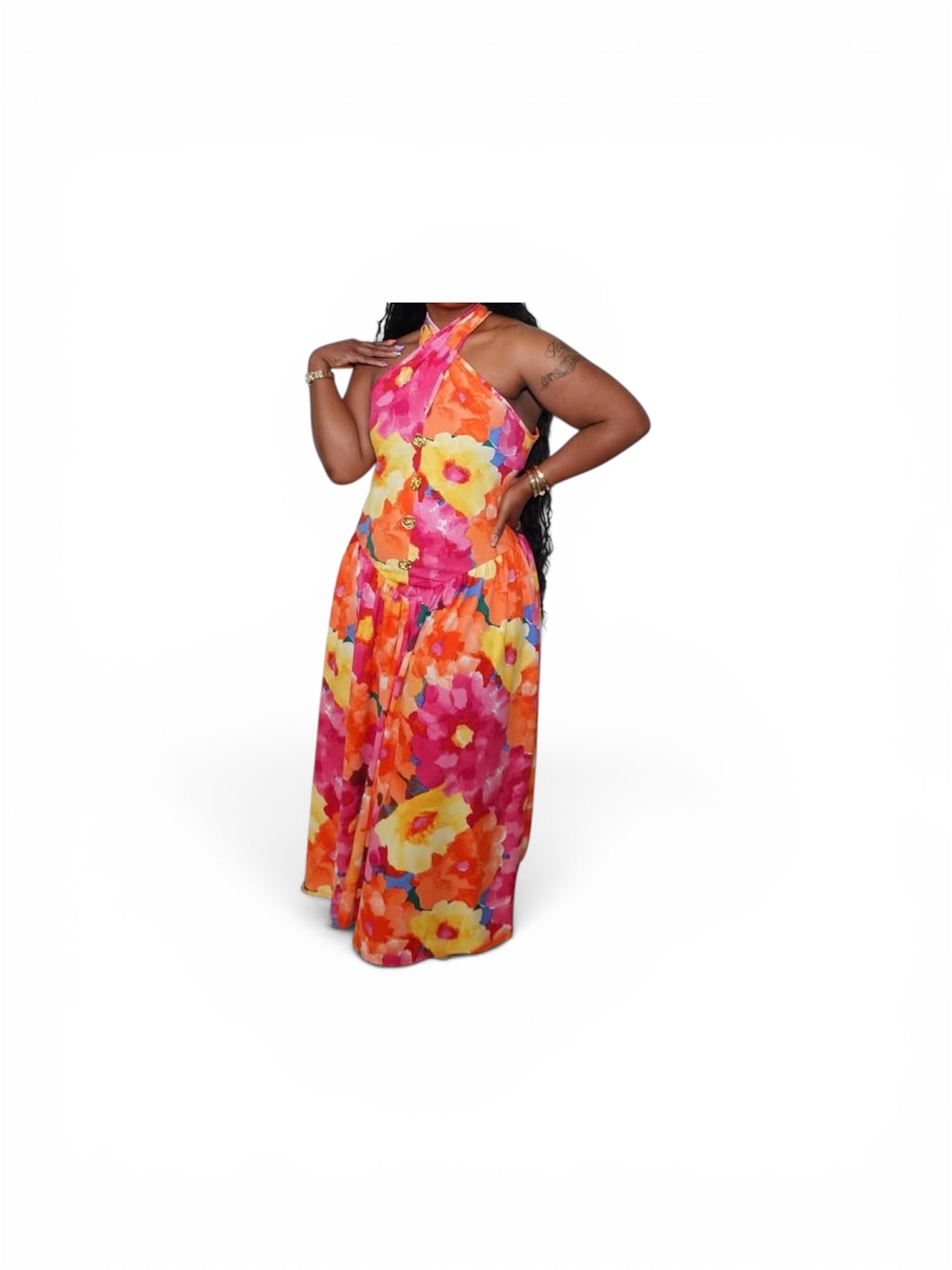 Orange Floral Criss-Cross Halter Dress - Luxe Collection