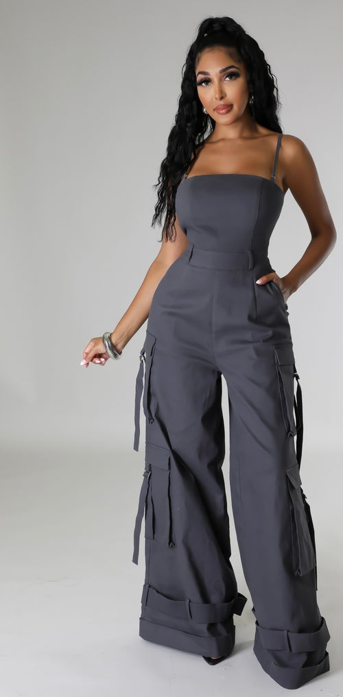 Gray Cargo Jumpsuit With Pockets