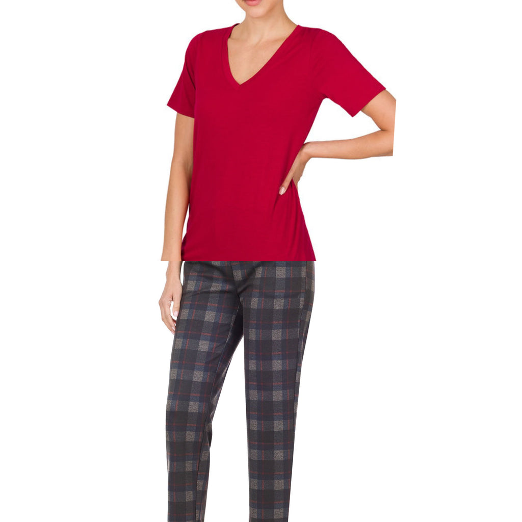 Blue and Gray Plaid Pants - Plus & Regular & Burgundy Top