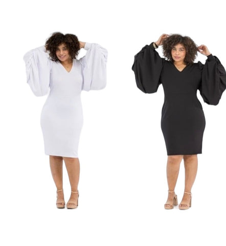 White or Black Exaggerated Sleeve Midi Dress