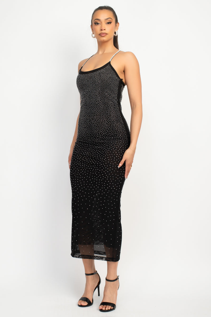 Black Rhinestone Midi Dress