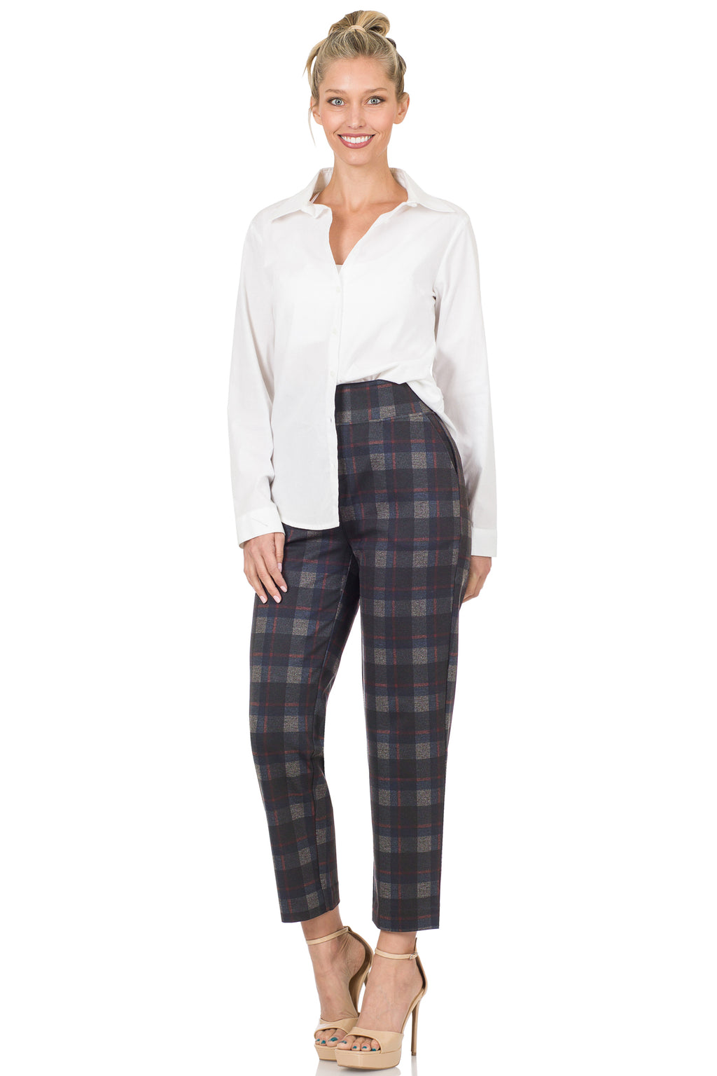 Blue and Gray Plaid Pants - Plus & Regular & Burgundy Top