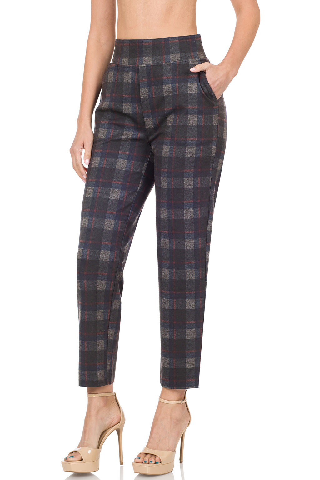 Blue and Gray Plaid Pants - Plus & Regular & Burgundy Top