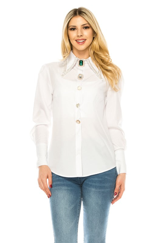 White Blouse With Emerald Jewel Detail - Plus & Regular