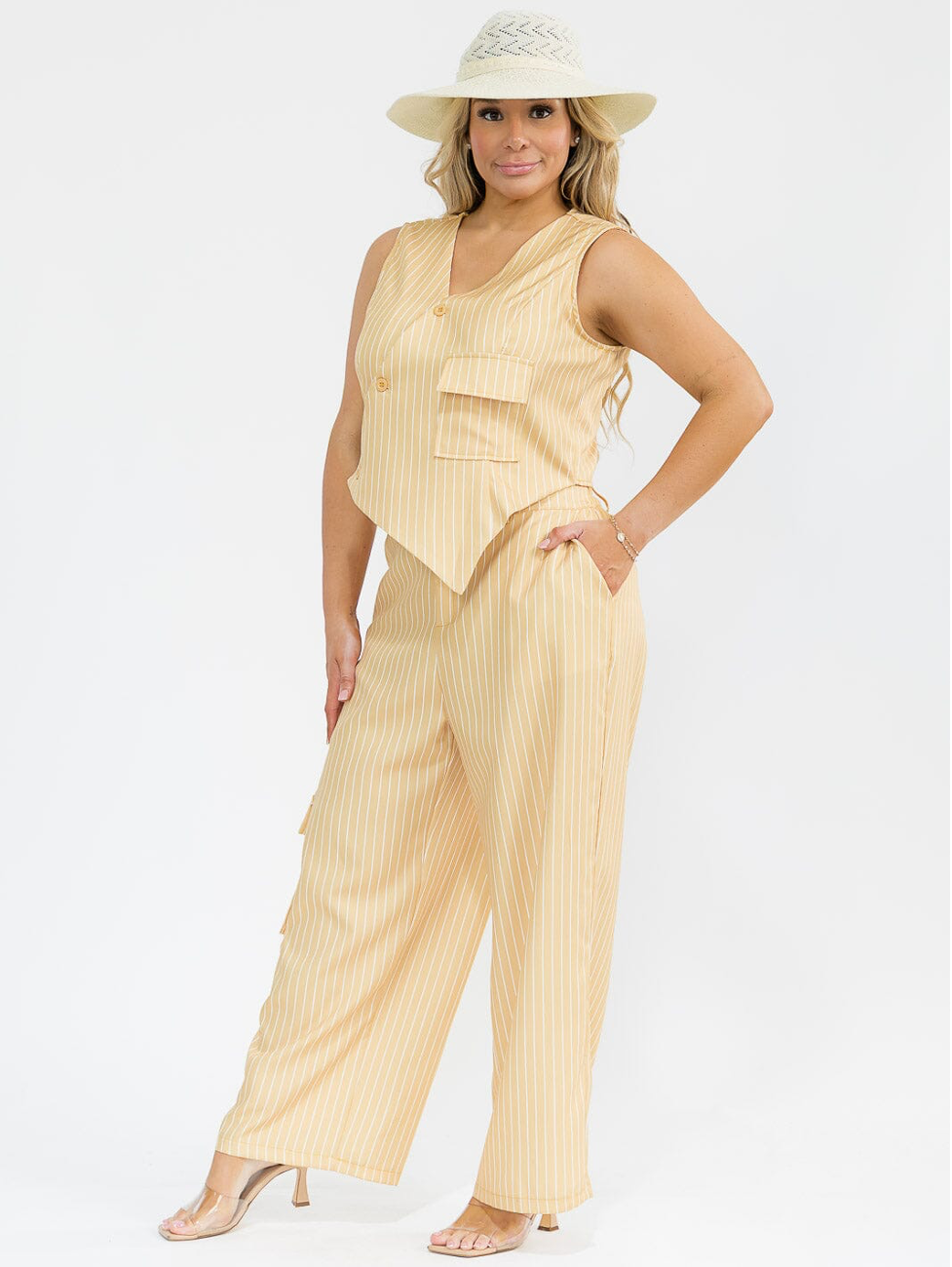 Yellow Pinstripe Pants Set - Plus