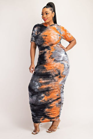 Gray & Orange Tie Dye Hoodie Dress - Plus