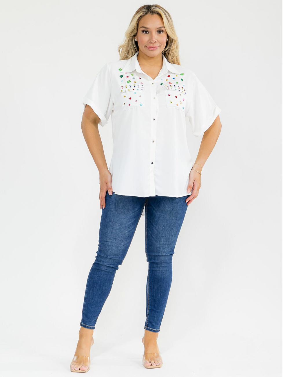 White Multi-Colored Rhinestone Shirt - Plus