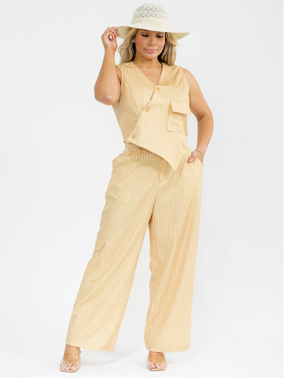 Yellow Pinstripe Pants Set - Plus