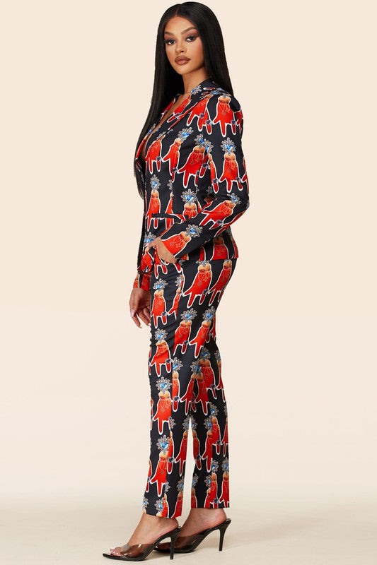 Red, Black, White Pants Suit