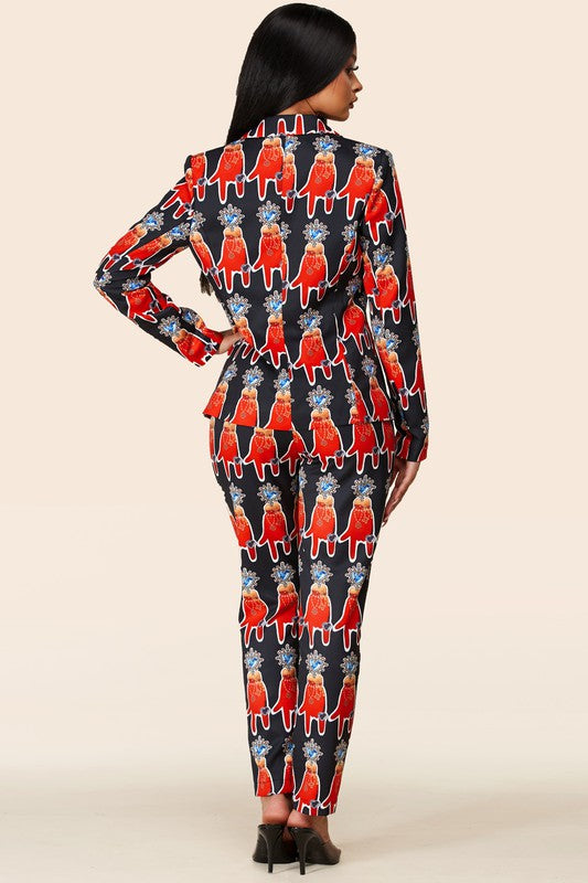 Red, Black, White Pants Suit