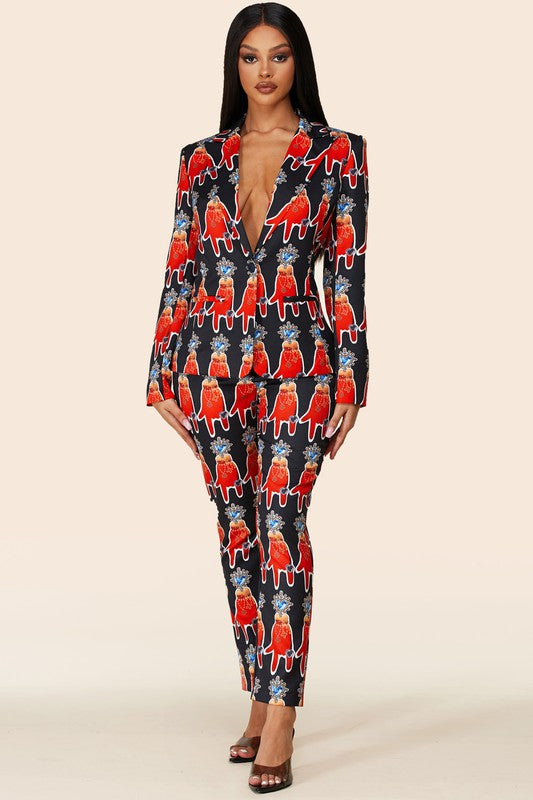 Red, Black, White Pants Suit