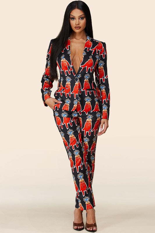 Red, Black, White Pants Suit