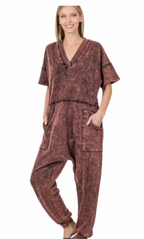 Rust Brown Mineral Wash Harem Jumpsuit